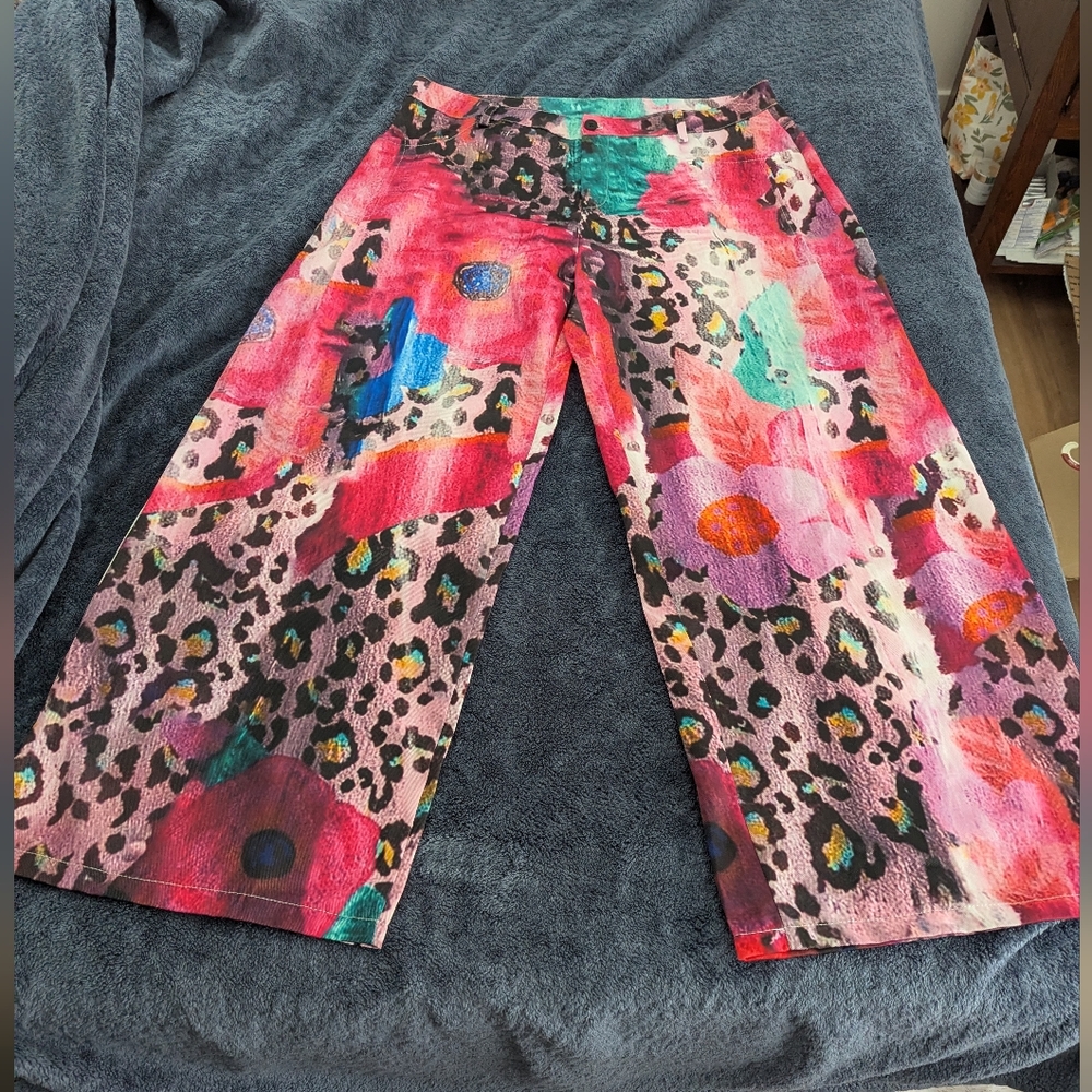 Colorful Abstract Print Wide-Leg Pants 2XL